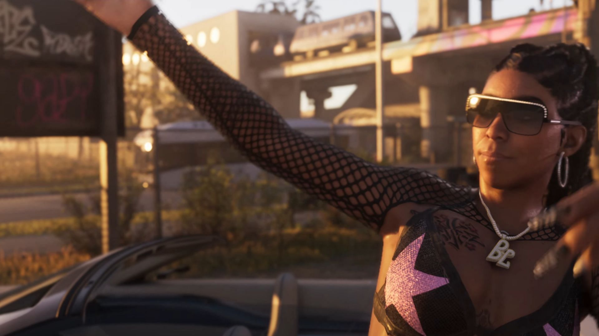 The metro can be seen in the top-left corner of this GTA 6 trailer 2 shot (Image via Rockstar Games)